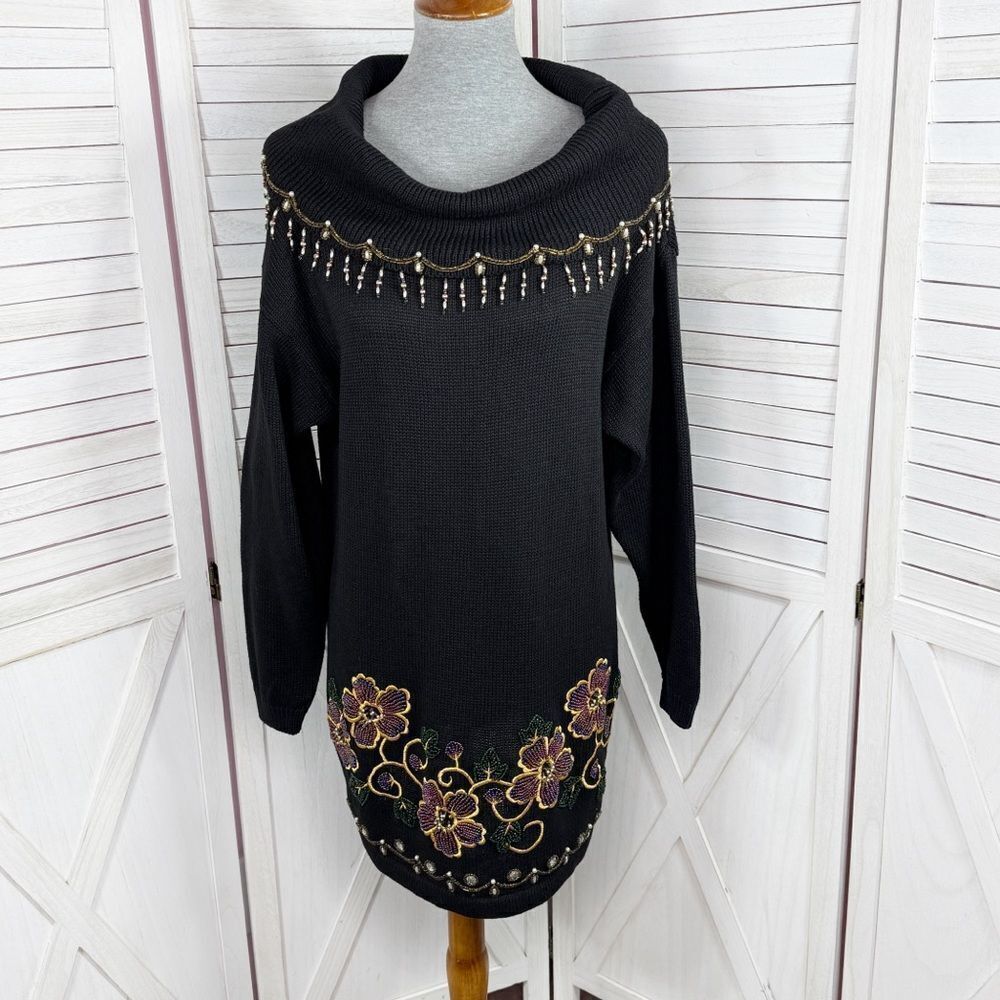Vintage Victoria Jones 90s Floral Beaded Cowl Neck Tunic Sweater Black Medium - Picture 1 of 11